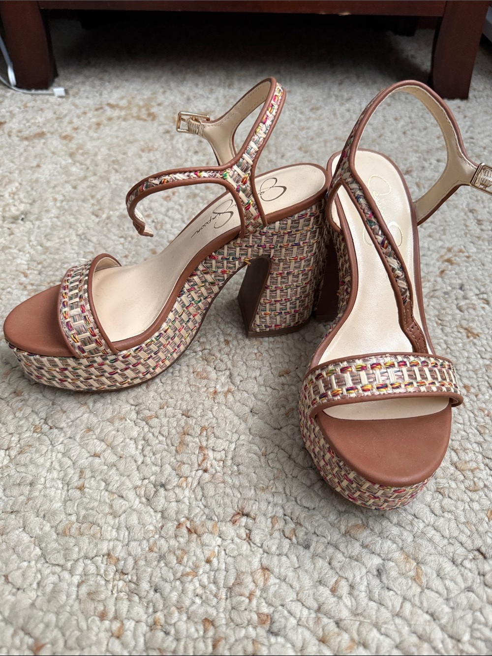 Jessica Simpson Multicolor Woven Platform Sandals with Brown Trim and Block Heel